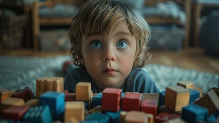 Poster - A young child looks up with wide eyes, surrounded by wooden blocks. AI.