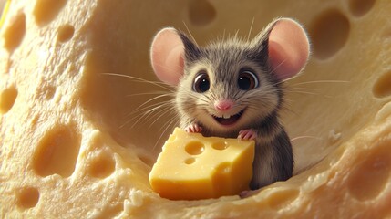 Wall Mural - A cute mouse happily holds a piece of cheese, nestled in a large cheese hole.