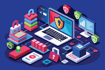 Poster - This illustration showcases ransomware themes with a laptop, security icons, and digital devices arranged creatively, Customizable isometric illustration of ransomware.