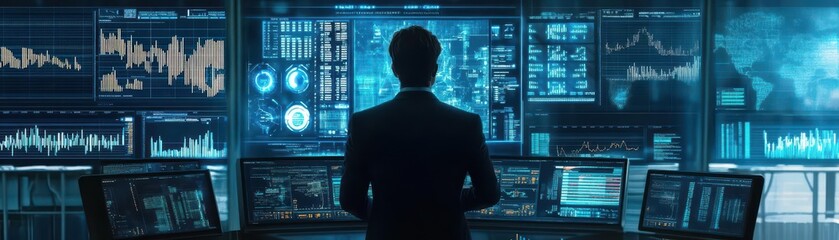 Poster - A cybernetic trader interacting with multi-dimensional financial charts in a futuristic control room, surrounded by AI-powered data processors