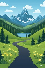 Poster - Scenic mountain landscape with a winding path and a serene lake surrounded by green hills and vibrant wildflowers on a sunny day