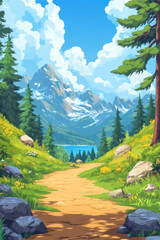 Wall Mural - A serene hiking trail winding through vibrant alpine meadows near a calm blue lake under a bright, sunny sky in the mountains