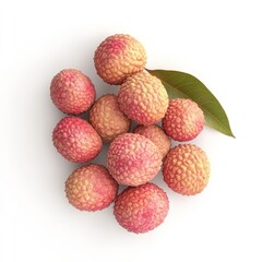 Wall Mural - A cluster of fresh lychee fruits with a green leaf on a white background.