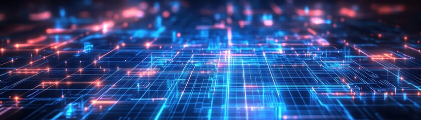 Poster - A holographic city planning system with glowing gridlines and futuristic architecture models, scifi, neon blue, digital painting, complex city grid, floating elements