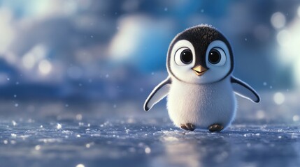 Wall Mural - A cute, animated penguin stands on ice, surrounded by a snowy, icy backdrop.