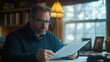© BerkahStock - A focused man reviewing documents in a cozy, well-lit room.