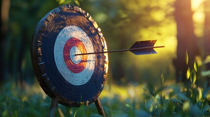 Canvas Print - A close-up of an archery target with an arrow embedded, set in a serene forest background.