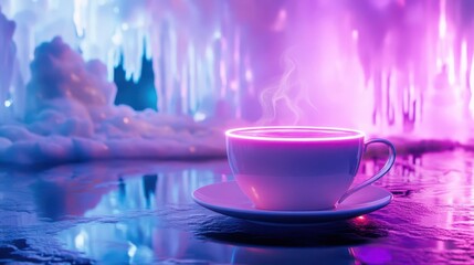 Wall Mural - a neon-lit coffee cup sitting on a glass table, with a futuristic winter landscape of shimmering ice