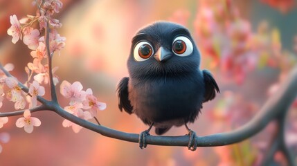 Wall Mural - A cute black bird with large eyes perched on a branch surrounded by pink blossoms.