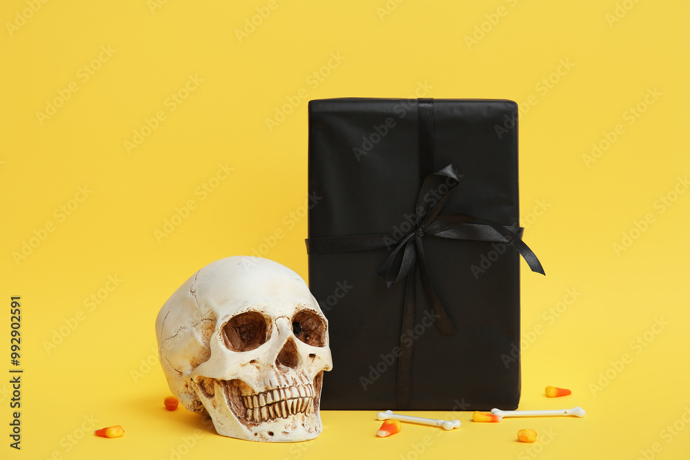 Halloween gift box with decorative skull and treats on yellow background