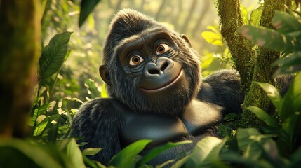 Canvas Print - A friendly gorilla smiles amidst lush greenery, showcasing wildlife in a vibrant environment.