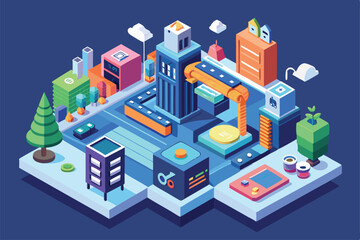 Aufkleber - A vibrant isometric illustration showcases a futuristic urban landscape filled with technology and greenery, Customizable Isometric Illustration, Open Source.