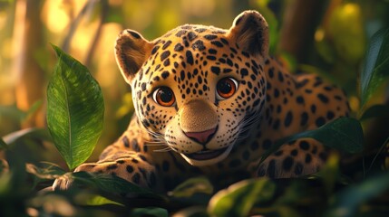 Canvas Print - A playful animated leopard peeks through lush green foliage with bright, expressive eyes.