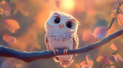 Sticker - A cute, fluffy owl with large eyes perched on a branch amidst autumn leaves.