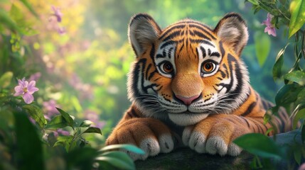 Canvas Print - A cute, animated tiger resting among lush greenery and flowers in a vibrant jungle setting.