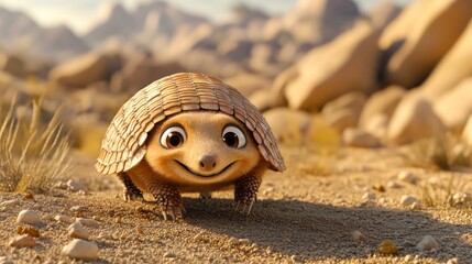 Wall Mural - A cute, cartoonish turtle with a smiling face in a desert landscape.