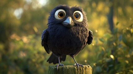 A cute, cartoonish black bird with large eyes perched on a stump in a natural setting.