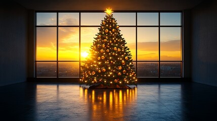 Sticker - A Decorated Christmas Tree Stands Tall Before a Window with a View of a Golden Sunset Over the City