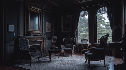 Poster - A dimly lit, elegant sitting room with vintage furniture and large windows overlooking nature.