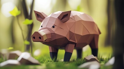 Poster - A low-poly pig model in a forest setting, showcasing geometric design and nature.