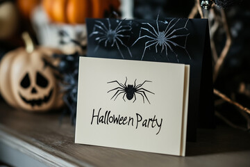 A vintage Halloween party invitation with black and white paper cutouts of spiders