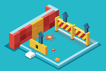 Poster - An isometric illustration showcases a colorful maze with barriers, buttons, and interactive elements for creativity, Customizable Isometric Illustration that breaks barriers.