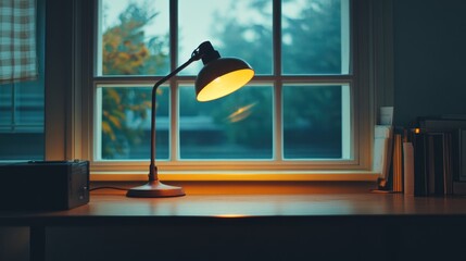 A cozy workspace with a lamp illuminating a desk beside a window showcasing nature outside.