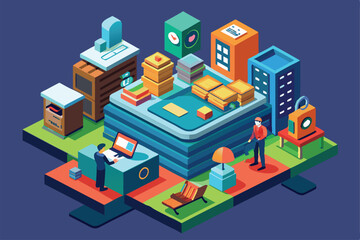 Poster - An isometric illustration depicts an office with furniture, paper stacks, and active people, Customizable Isometric Illustration - Top Secret