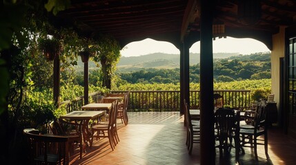 Wall Mural - A serene outdoor dining area overlooking lush vineyards in a tranquil landscape.