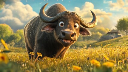 Sticker - A cheerful animated buffalo in a vibrant meadow filled with flowers and a scenic background.