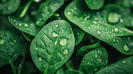 Close-up of fresh, green spinach leaves with sparkling water droplets, showcasing the texture of organic baby spinach. Ideal for food-related backgrounds. 