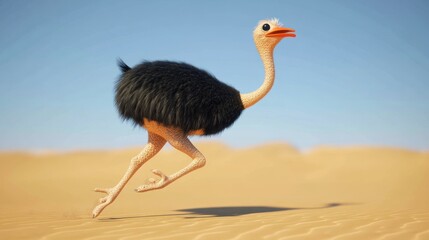 Canvas Print - A cartoonish ostrich running across a sandy desert landscape.