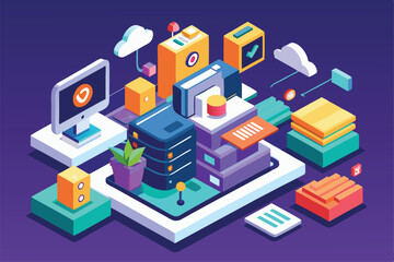 Poster - This illustration showcases a vibrant digital workspace filled with servers, plants, and cloud elements, Customizable isometric illustration with image upload feature.