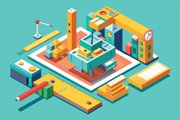 Poster - This illustration shows a lively workspace with metrics tools, instruments, and bright colors for creativity, Customizable isometric illustration with metrics.