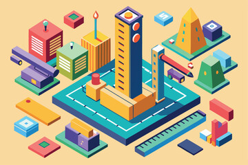 Poster - A colorful isometric design features various urban elements and metrics arranged creatively, Customizable isometric illustration with metrics.