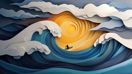 A captivating paper art scene of a surfer riding waves under a vibrant sunset, showcasing creativity and adventure.