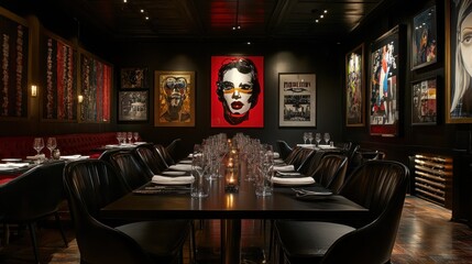 Wall Mural - Elegant restaurant interior with artistic decor and a long dining table.