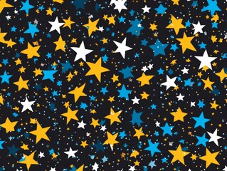 Wall Mural - 2408 98.A vibrant Christmas star pattern in vector form, featuring sparkling gold, blue, and white stars scattered across the background. The design has a dynamic, starburst effect, making it perfect