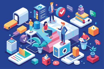 Poster - A vibrant workspace displays characters engaging in discussions and managing tasks with digital tools, Customizable isometric illustrations for brand communication.