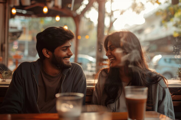 A young Indian ethnic friends having fun and laughing together in a caffe	