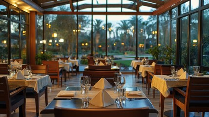 Poster - Elegant restaurant interior with tables set for dining, surrounded by large windows and greenery.