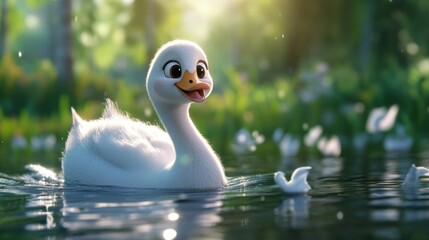 Poster - A cheerful animated duck swims in a serene pond surrounded by nature.