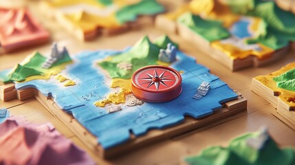 Sticker - A colorful 3D map with mountains, water, and a compass, designed for a board game.