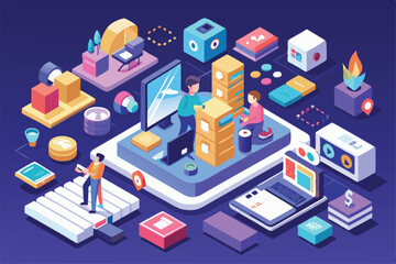 Poster - Two individuals are organizing stacks of materials in a colorful workspace, highlighting design elements, Customizable isometric illustrations for UI/UX design.
