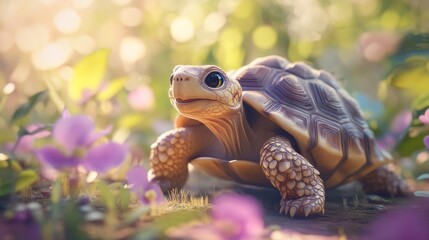 Wall Mural - A small tortoise exploring a vibrant garden filled with flowers and soft sunlight.