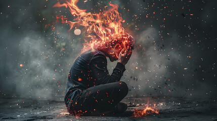 A man with a burning and smoking head as a concept for emotional burnout. AI Generated