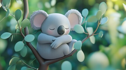 Poster - A cute, stylized koala resting on a branch amidst a lush, green background.