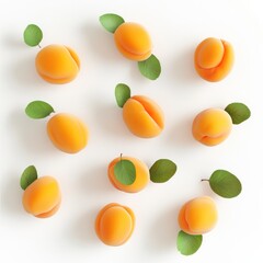 Canvas Print - A collection of realistic apricot-shaped desserts with green leaves on a white background.