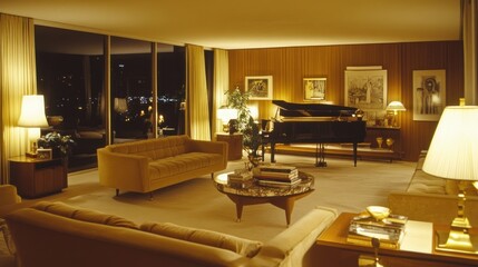 Wall Mural - Elegant living room with a grand piano, warm lighting, and stylish furnishings.