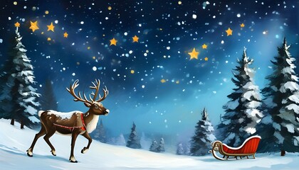 Wall Mural - Magical Christmas Scene with Reindeer and Sleigh Under a Glorious Starry Sky